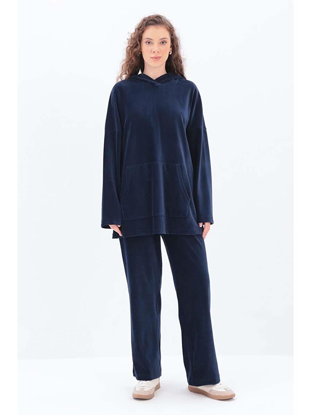 İndigo Kapüşonlu Kanguru Cepli Pantolonlu Takım-1
