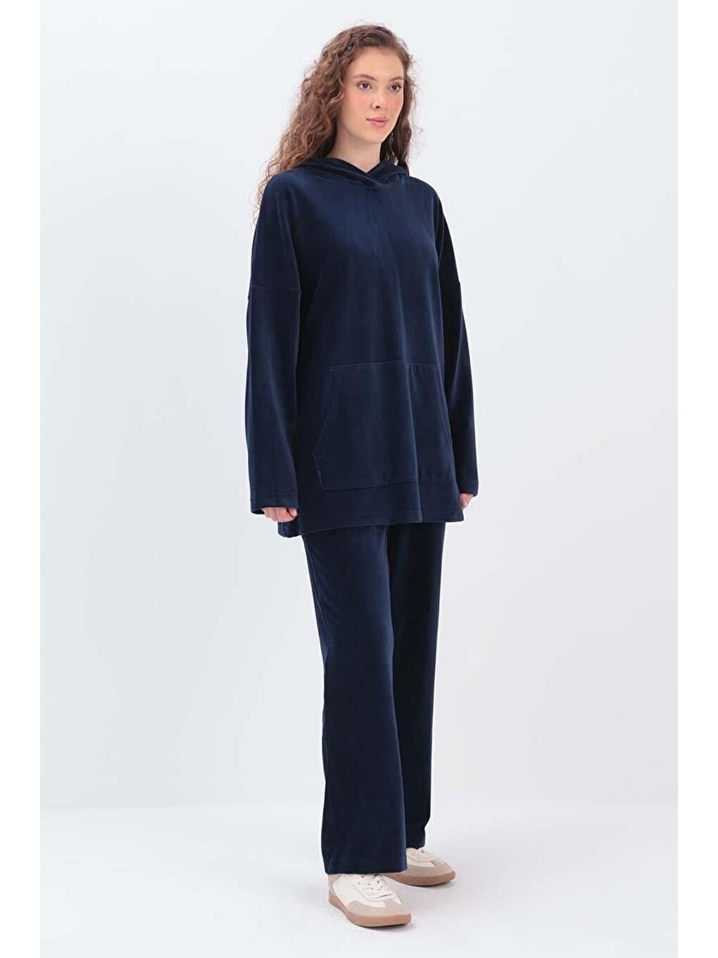 İndigo Kapüşonlu Kanguru Cepli Pantolonlu Takım-2