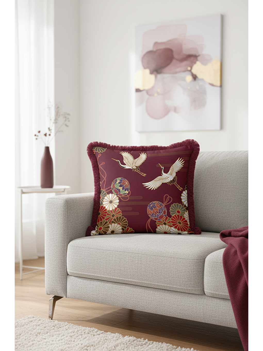 Karışık Japon Kuşlu Saçaklı Yastık Kılıfı - Asya Esintili Bohem Bordo Altın Renkli Püsküllü Kırlent Kılıfı-1