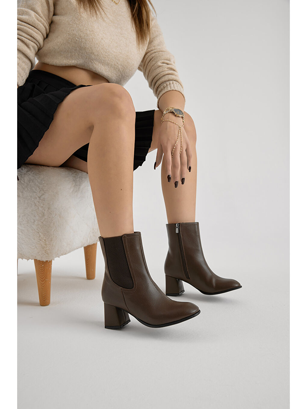 Kahverengi Kadın Kahve Neolit Taban Lastikli Kalın Topuklu Bot-3