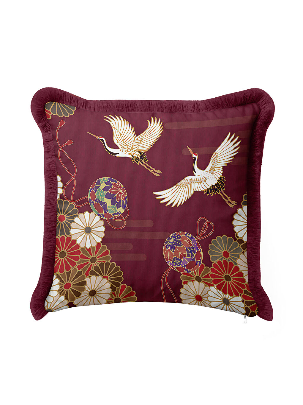 Karışık Japon Kuşlu Saçaklı Yastık Kılıfı - Asya Esintili Bohem Bordo Altın Renkli Püsküllü Kırlent Kılıfı-2
