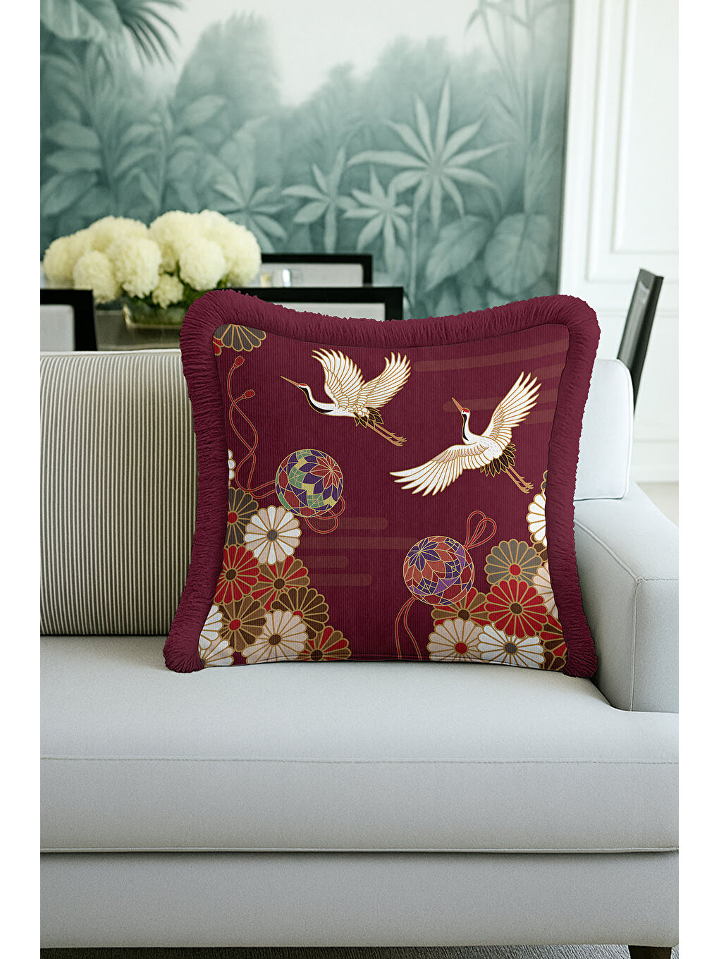 Karışık Japon Kuşlu Saçaklı Yastık Kılıfı - Asya Esintili Bohem Bordo Altın Renkli Püsküllü Kırlent Kılıfı-3