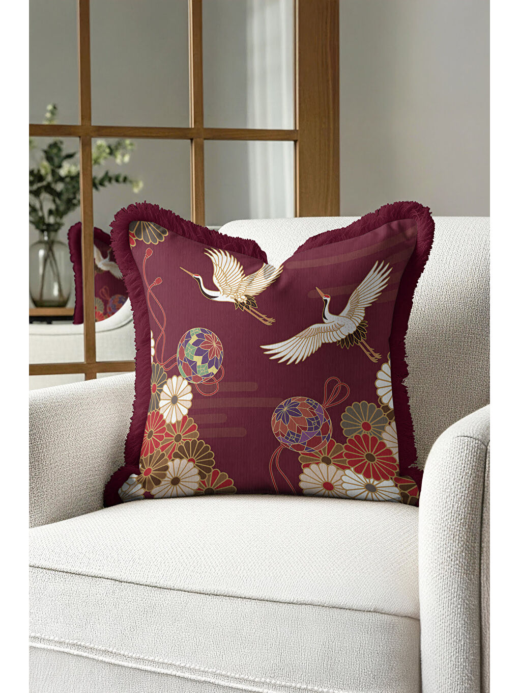 Karışık Japon Kuşlu Saçaklı Yastık Kılıfı - Asya Esintili Bohem Bordo Altın Renkli Püsküllü Kırlent Kılıfı-4