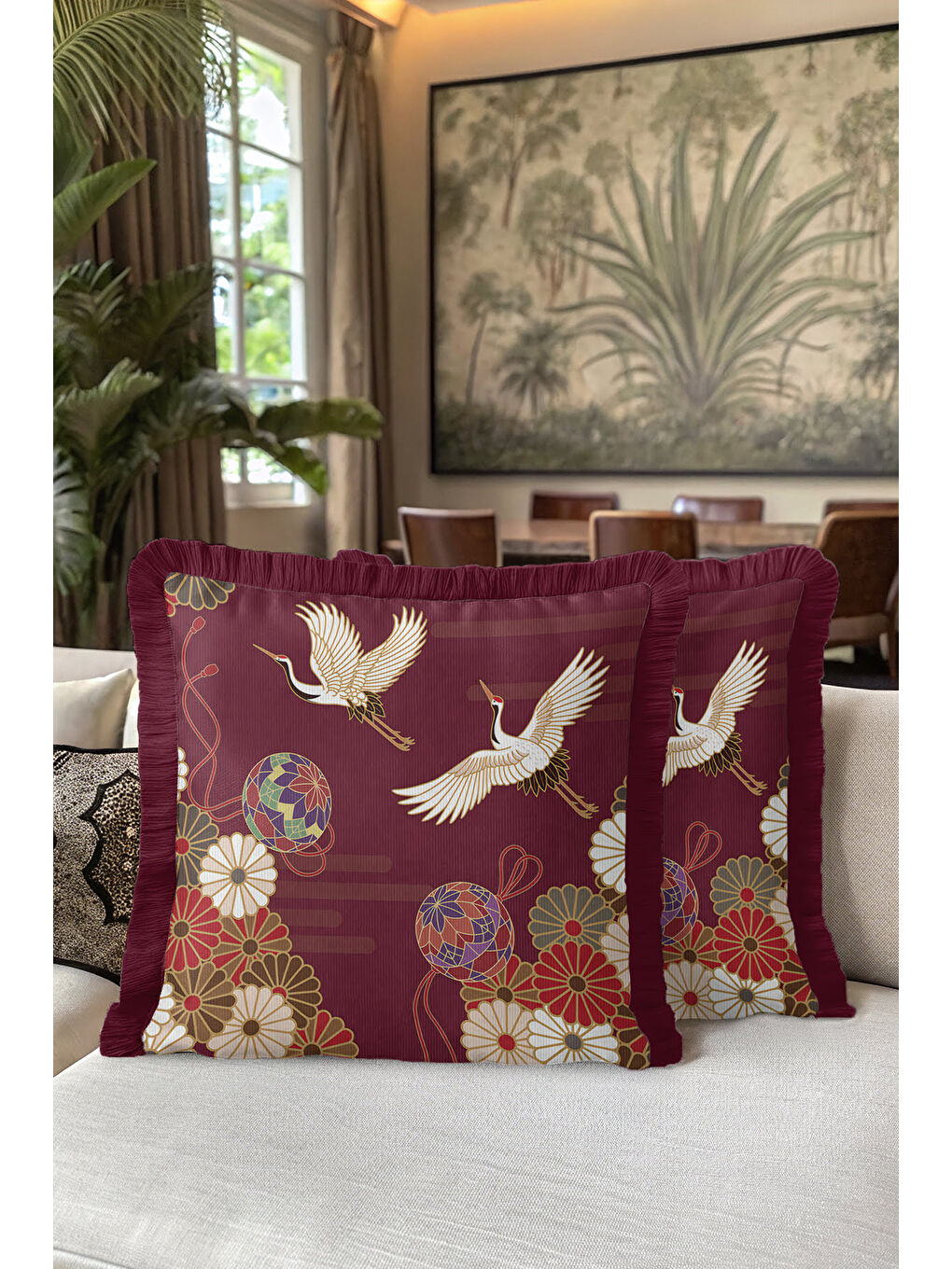 Karışık Japon Kuşlu Saçaklı Yastık Kılıfı - Asya Esintili Bohem Bordo Altın Renkli Püsküllü Kırlent Kılıfı-5