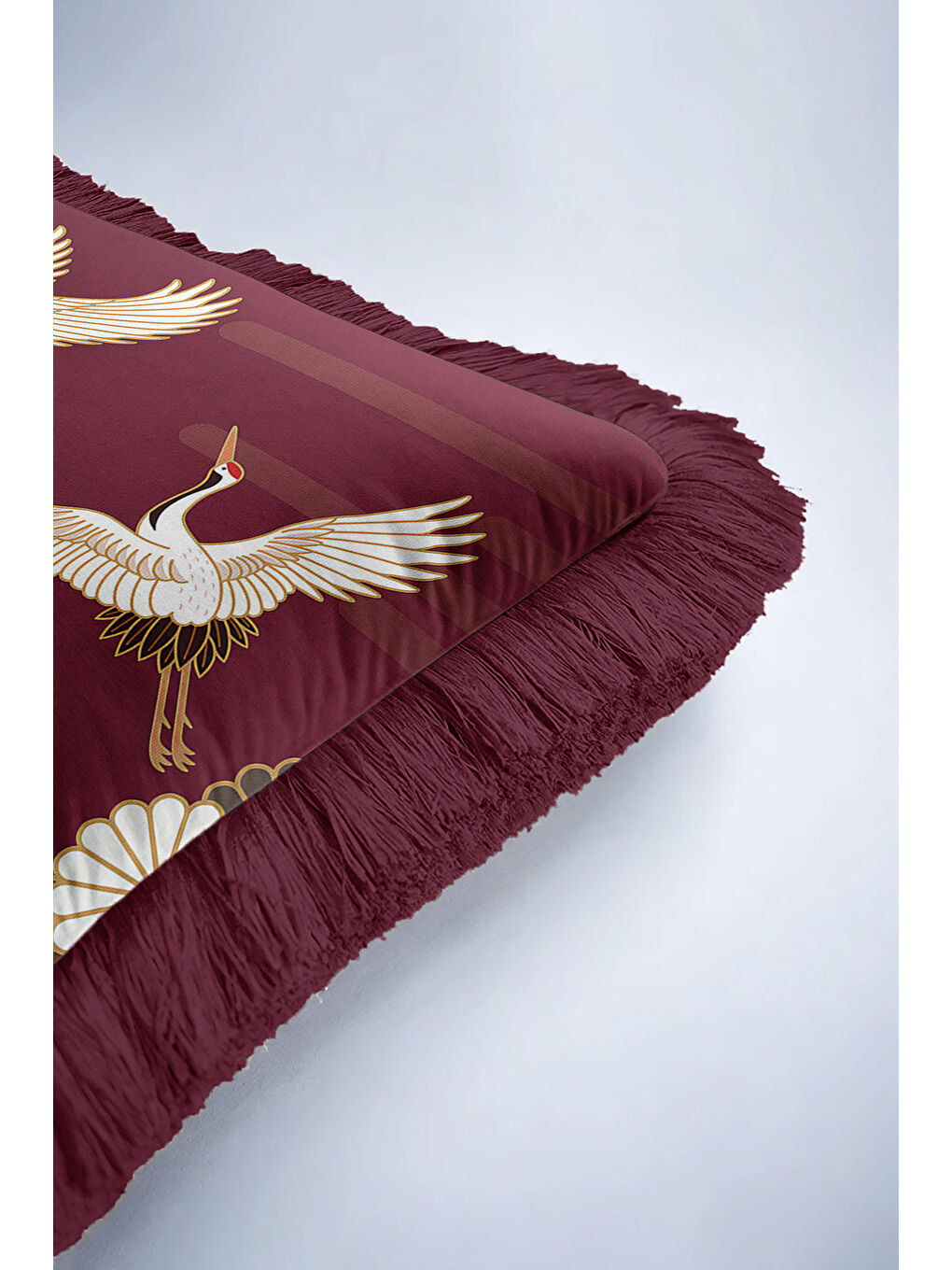 Karışık Japon Kuşlu Saçaklı Yastık Kılıfı - Asya Esintili Bohem Bordo Altın Renkli Püsküllü Kırlent Kılıfı-6