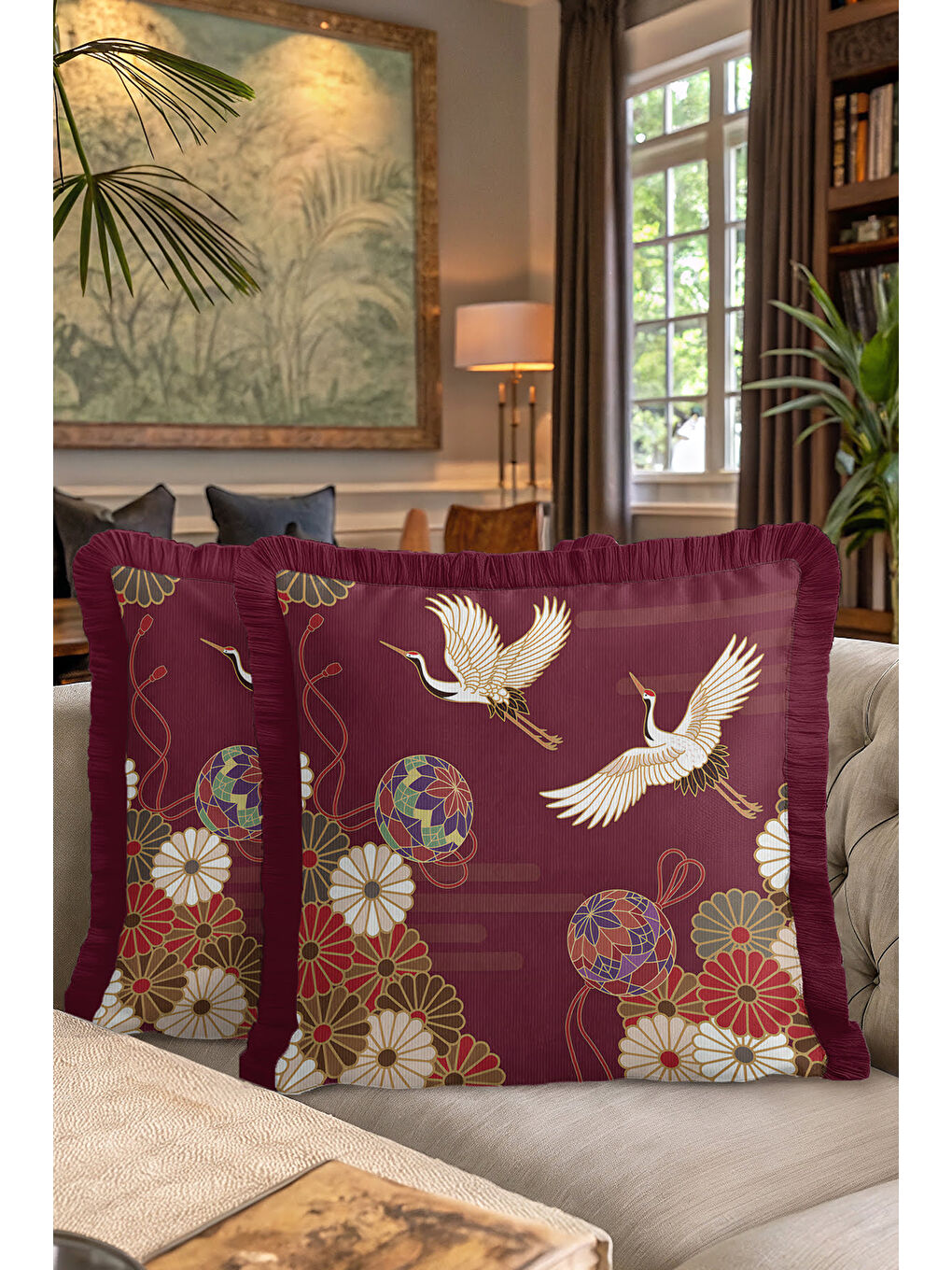 Karışık Japon Kuşlu Saçaklı Yastık Kılıfı - Asya Esintili Bohem Bordo Altın Renkli Püsküllü Kırlent Kılıfı-7