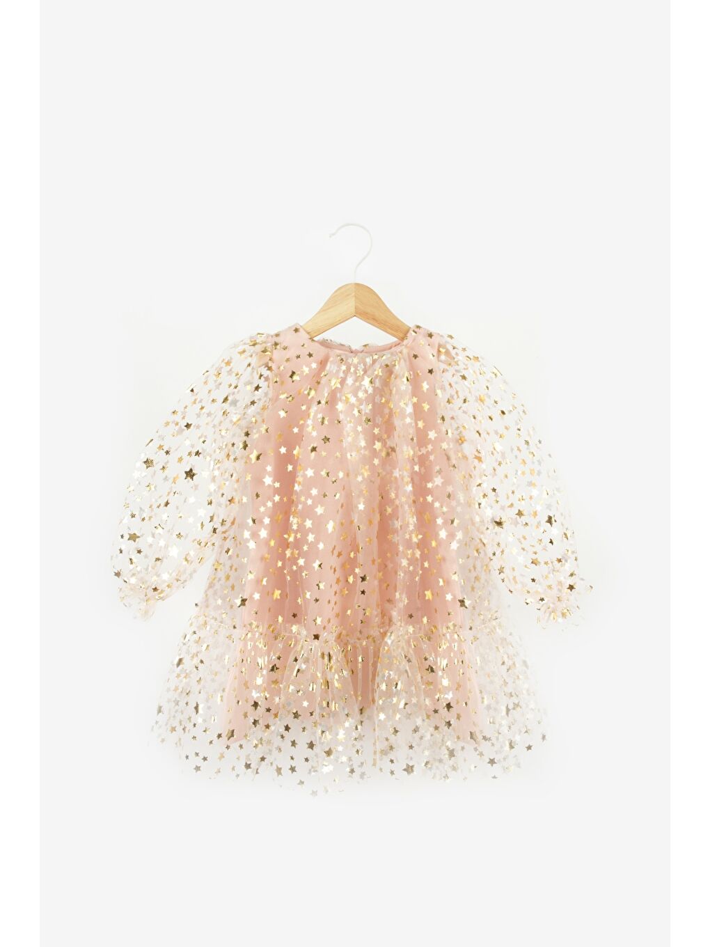 Pembe Pudra Balon Kollu Yıldız Baskılı Kız Çocuk Elbise - Daria-3