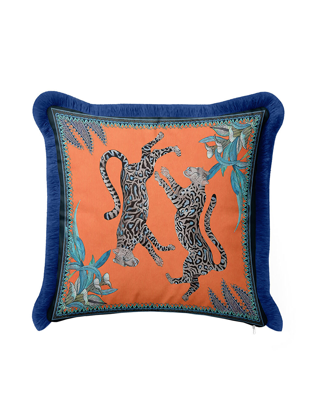 Karışık Lüks Jaguar Vahşi Orman Saçaklı Yastık Kılıfı - Tropikal Bohem Turuncu Mavi Püsküllü Kırlent Kılıfı-1