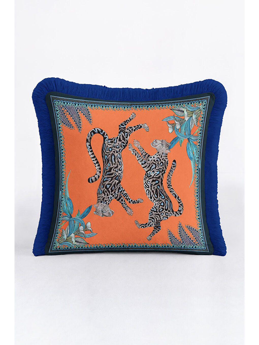 Karışık Lüks Jaguar Vahşi Orman Saçaklı Yastık Kılıfı - Tropikal Bohem Turuncu Mavi Püsküllü Kırlent Kılıfı-2