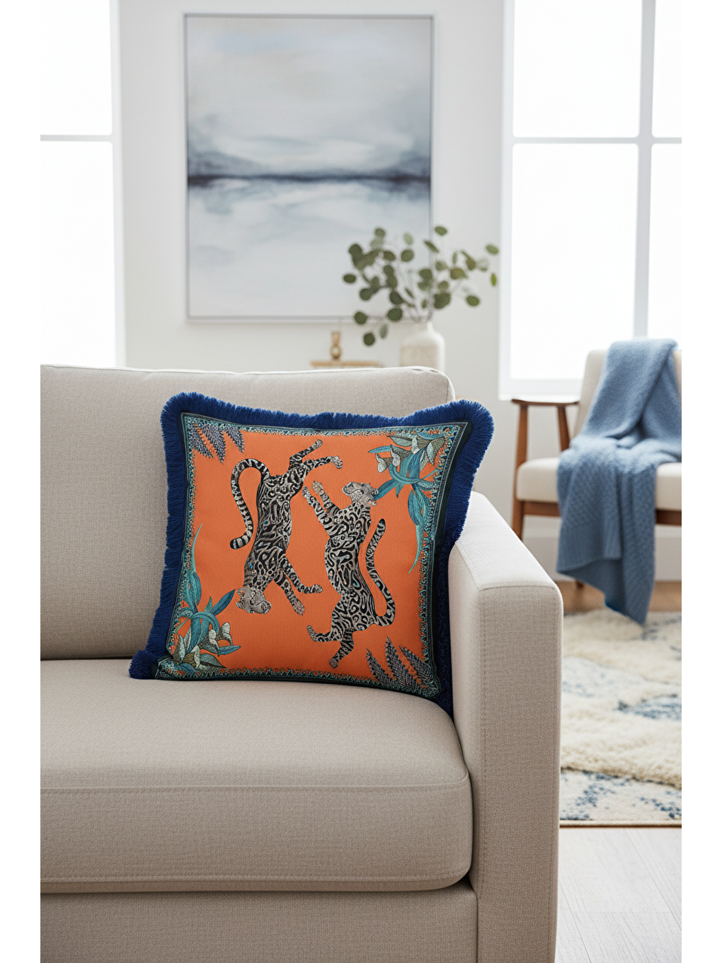 Karışık Lüks Jaguar Vahşi Orman Saçaklı Yastık Kılıfı - Tropikal Bohem Turuncu Mavi Püsküllü Kırlent Kılıfı-3