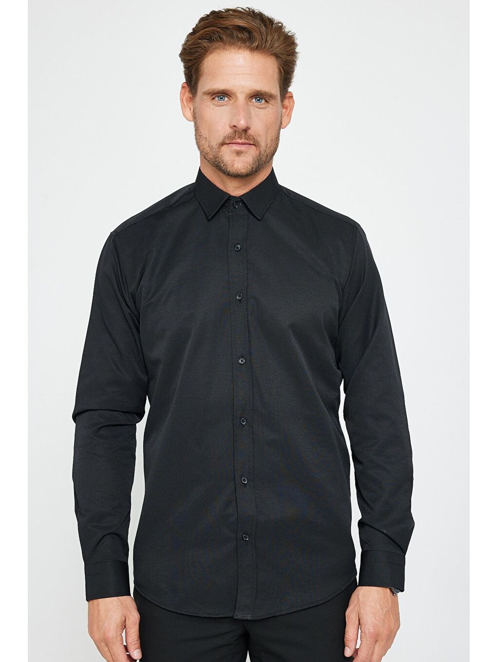 Modern Slim Fit Uzun Kollu Pamuklu Kolay Ütü Armürlü Erkek Siyah Gömlek-1