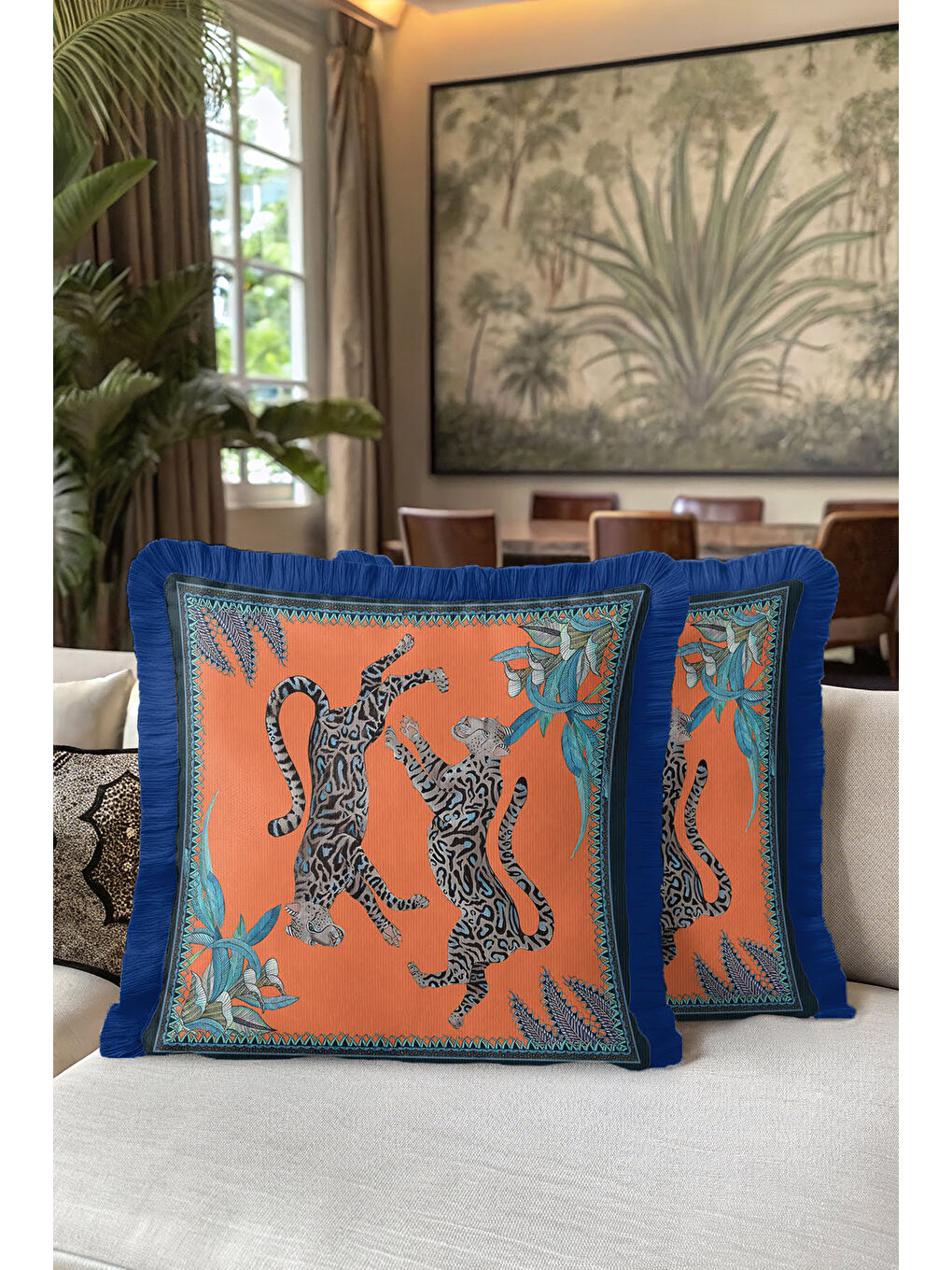 Karışık Lüks Jaguar Vahşi Orman Saçaklı Yastık Kılıfı - Tropikal Bohem Turuncu Mavi Püsküllü Kırlent Kılıfı-5
