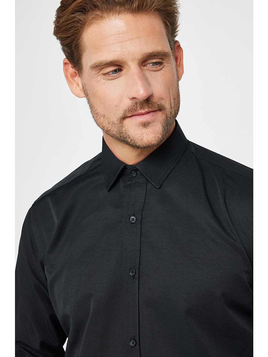Modern Slim Fit Uzun Kollu Pamuklu Kolay Ütü Armürlü Erkek Siyah Gömlek-2