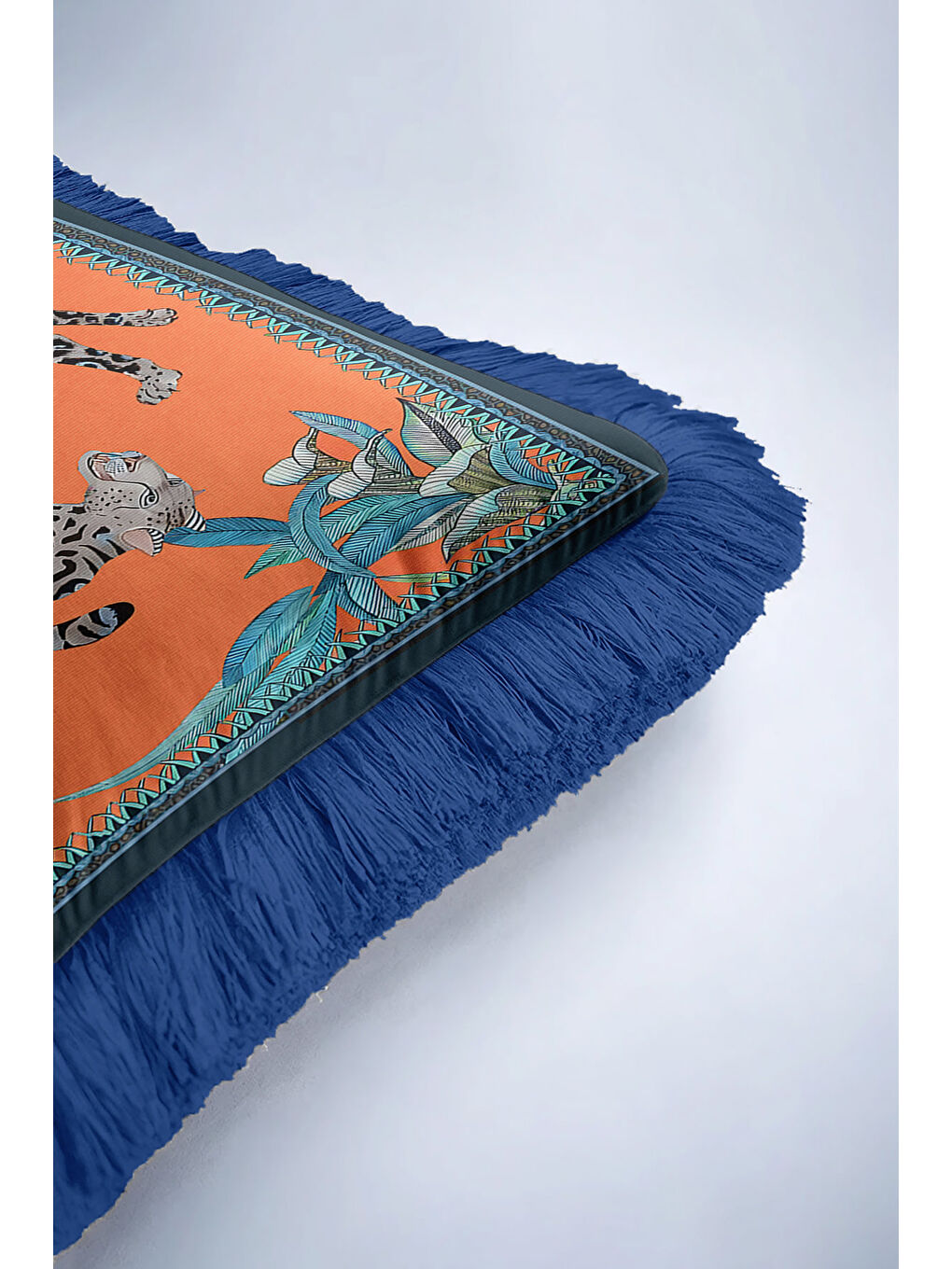 Karışık Lüks Jaguar Vahşi Orman Saçaklı Yastık Kılıfı - Tropikal Bohem Turuncu Mavi Püsküllü Kırlent Kılıfı-6