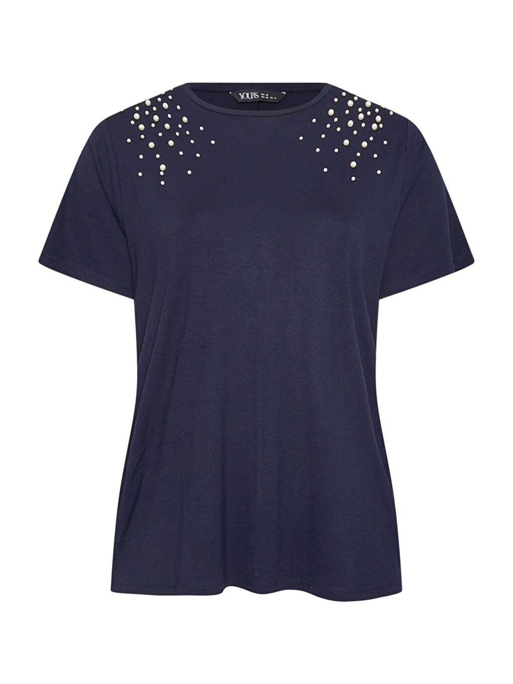 Lacivert Büyük Beden Bisiklet Yaka Kısa Kollu İnci İşlemeli Tişört 321885-5