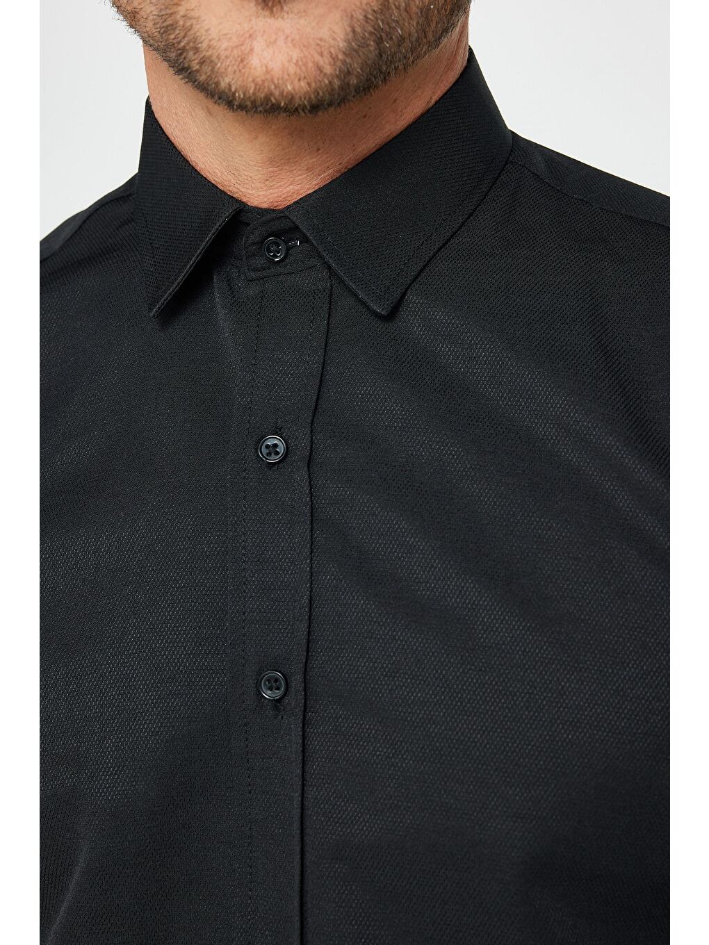 Modern Slim Fit Uzun Kollu Pamuklu Kolay Ütü Armürlü Erkek Siyah Gömlek-3