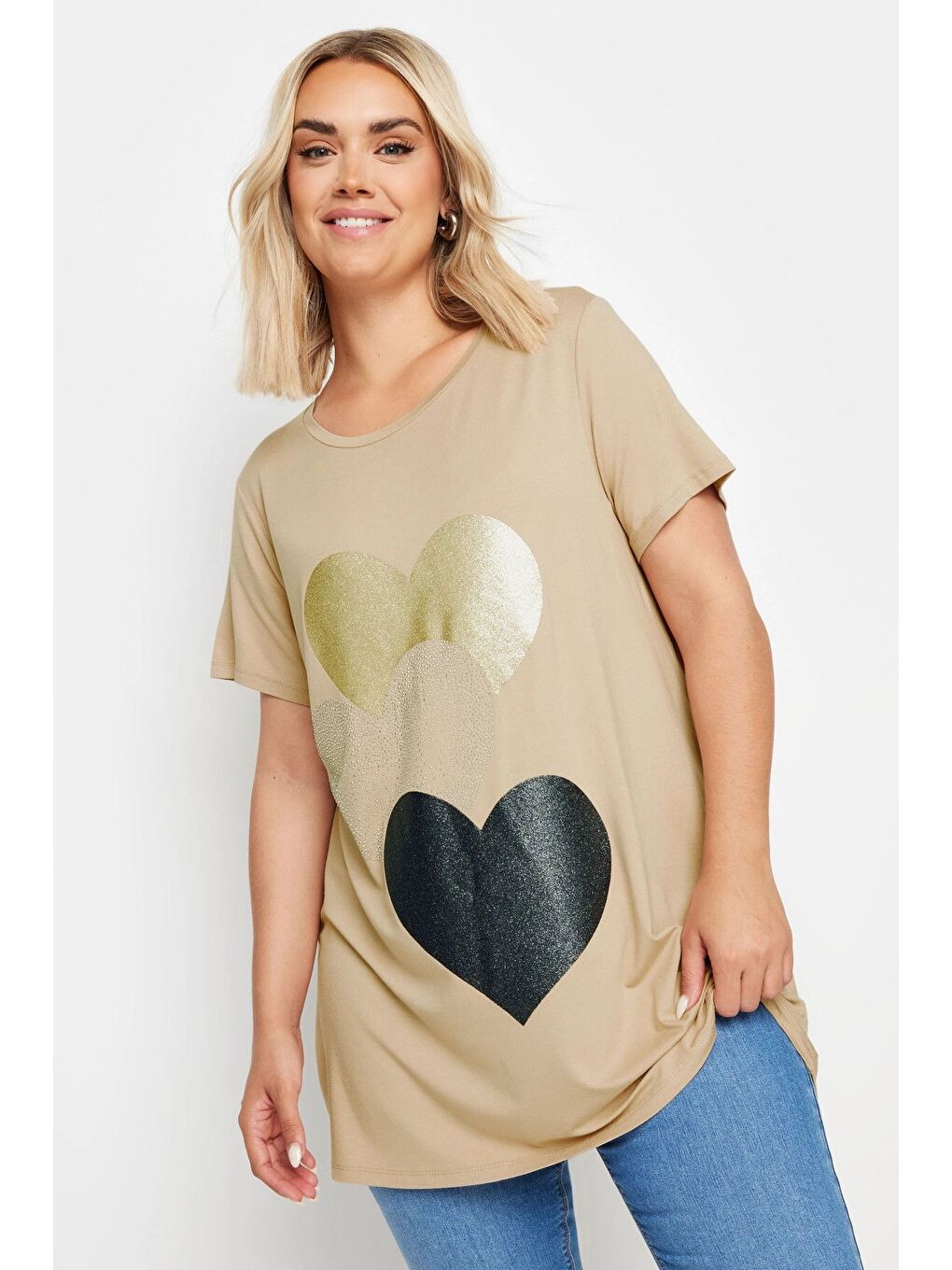 Bej Büyük Beden Bisiklet Yaka Kısa Kollu Parıltılı Baskılı Tişört 302277
