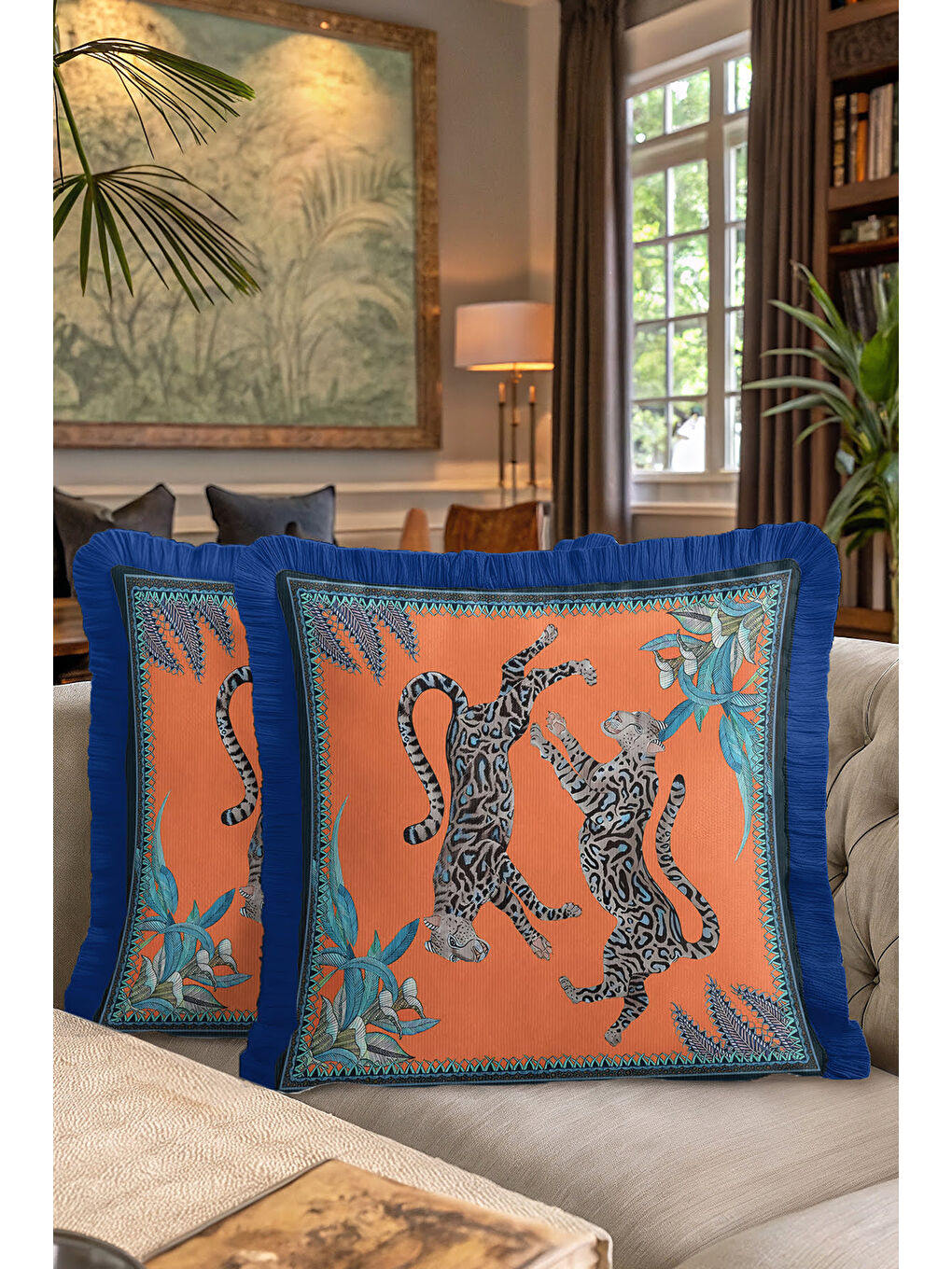 Karışık Lüks Jaguar Vahşi Orman Saçaklı Yastık Kılıfı - Tropikal Bohem Turuncu Mavi Püsküllü Kırlent Kılıfı-7
