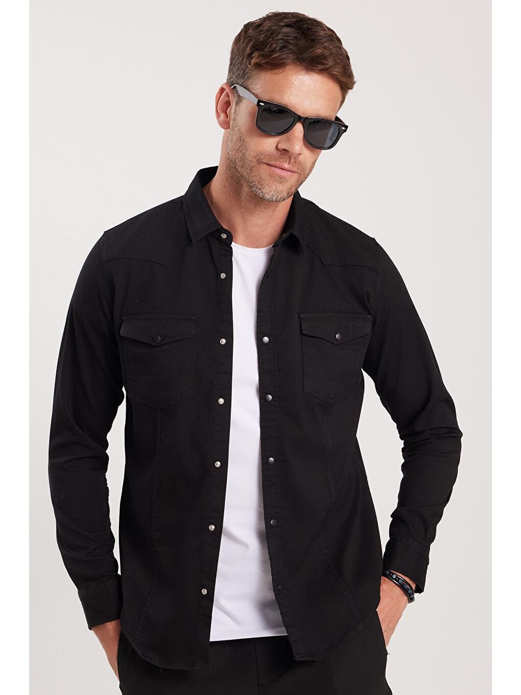 Slim Fit Uzun Kollu Gündelik Denim Jean Erkek Siyah Gömlek