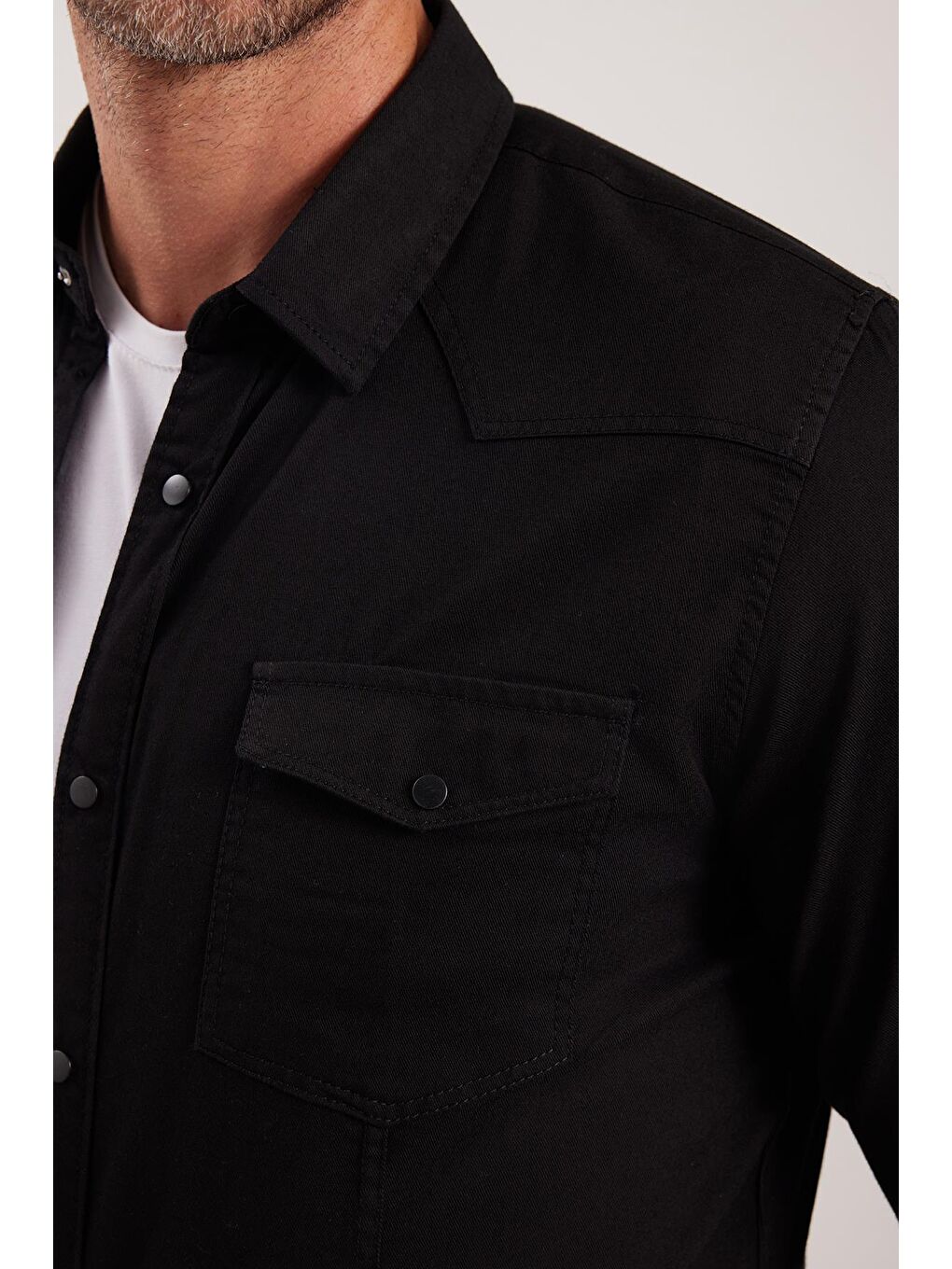 Slim Fit Uzun Kollu Gündelik Denim Jean Erkek Siyah Gömlek-2