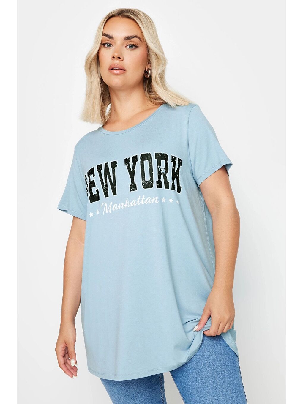 Mavi Büyük Beden Bisiklet Yaka Kısa Kollu Baskılı Tişört 302278