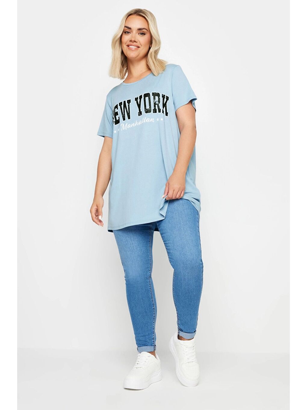 Mavi Büyük Beden Bisiklet Yaka Kısa Kollu Baskılı Tişört 302278-1