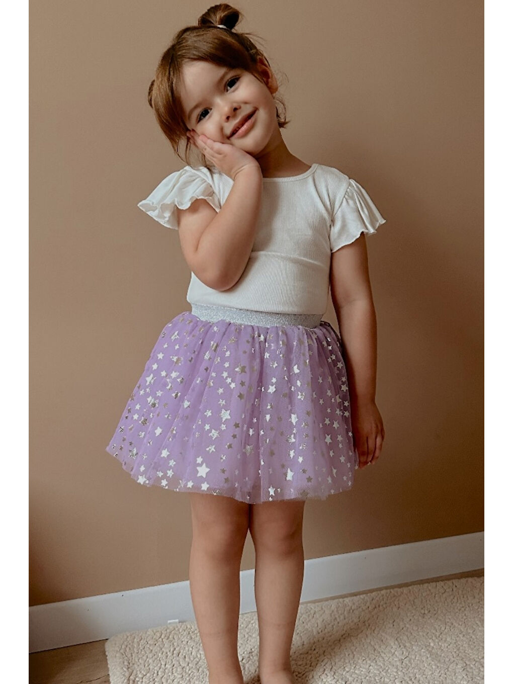 Lila Yıldız Baskılı Kız Çocuk Tül Etek - Pauline-1
