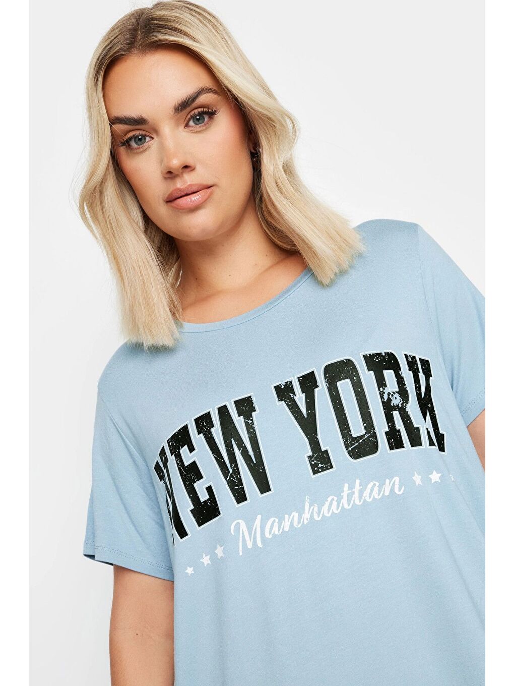 Mavi Büyük Beden Bisiklet Yaka Kısa Kollu Baskılı Tişört 302278-3