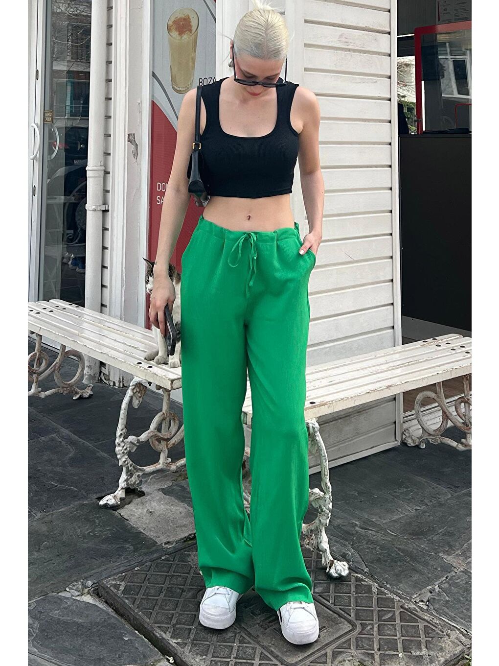 Yeşil Krinkıl Kumaş Basic Kadın Plaj Pantolon Mg1778
