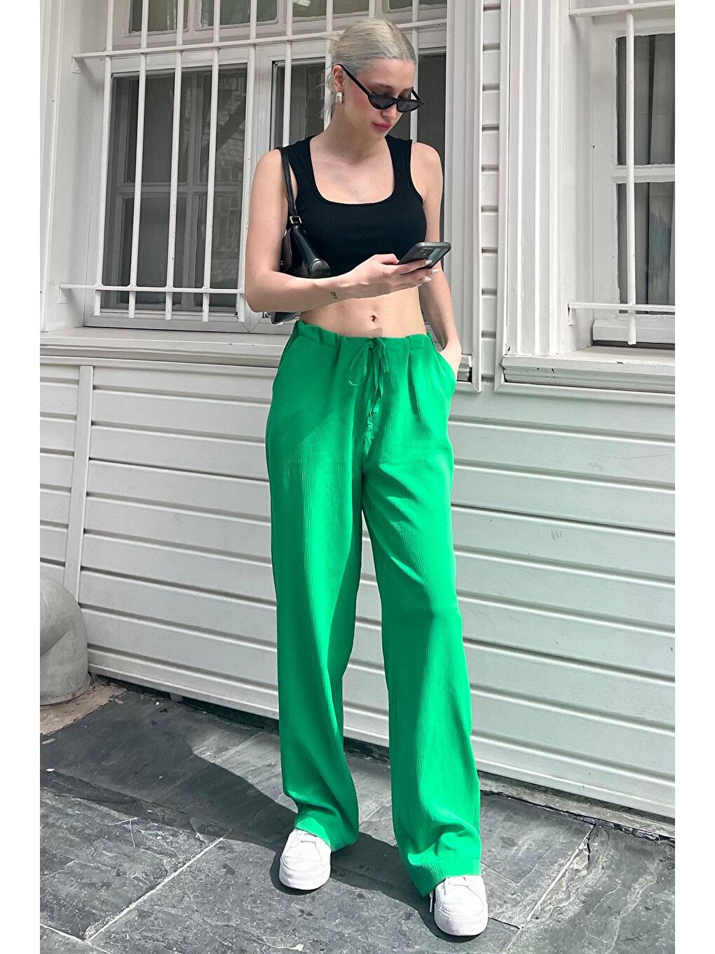 Yeşil Krinkıl Kumaş Basic Kadın Plaj Pantolon Mg1778-1