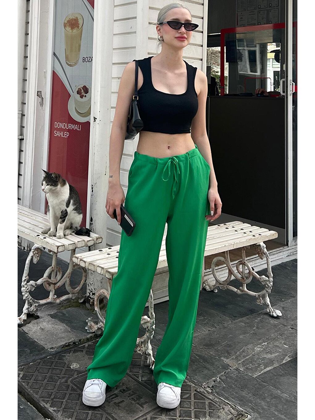 Yeşil Krinkıl Kumaş Basic Kadın Plaj Pantolon Mg1778-2