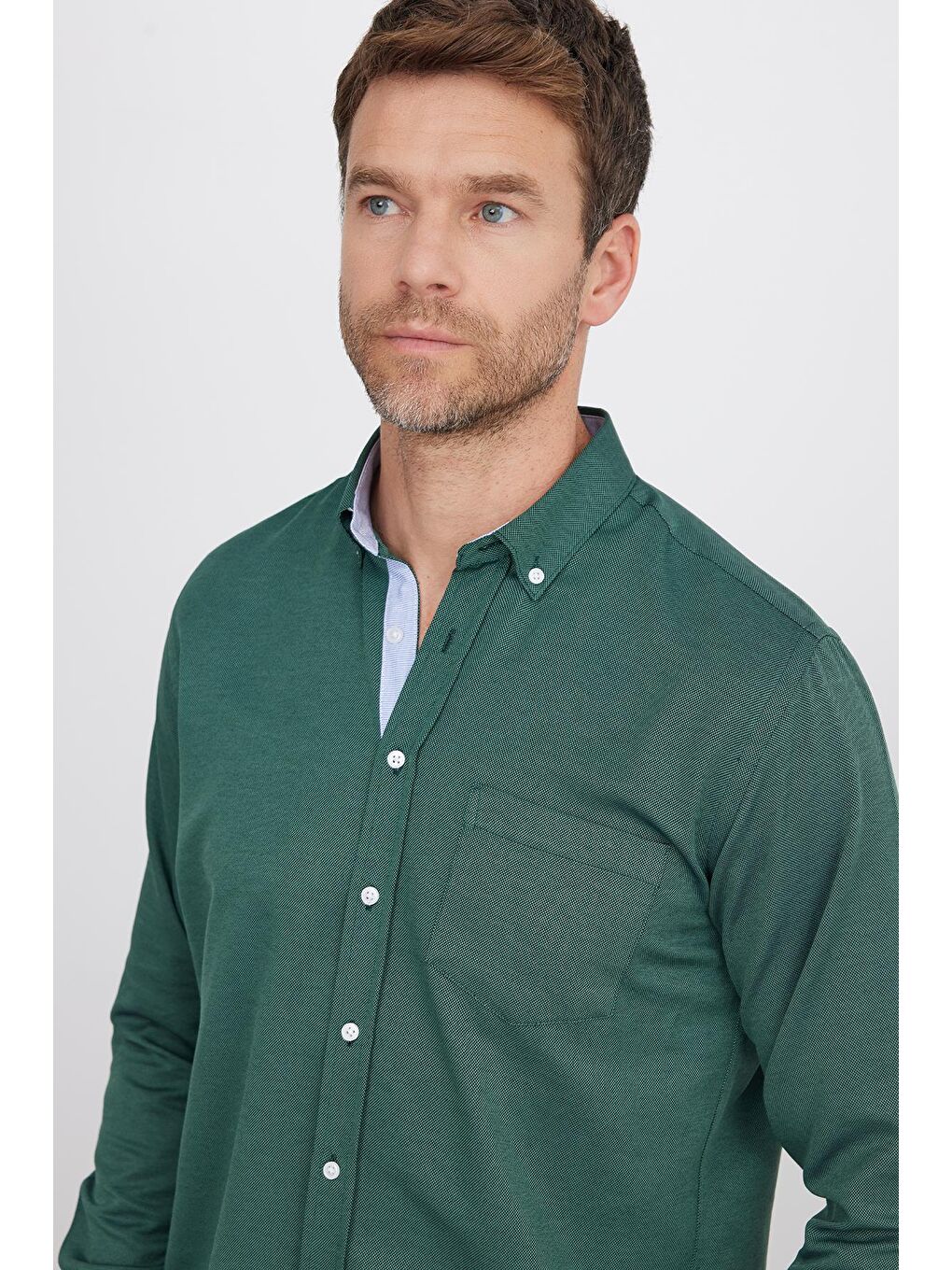 Haki Klasik Fit Uzun Kollu Düğmeli Yaka Pamuklu Kolay Ütü Oxford Düz Erkek Gömlek-1