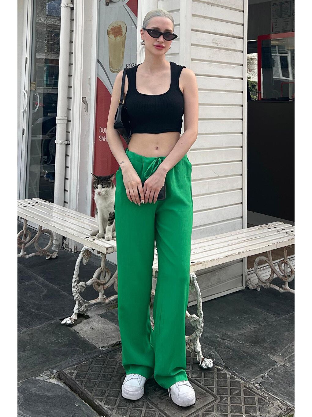 Yeşil Krinkıl Kumaş Basic Kadın Plaj Pantolon Mg1778-3