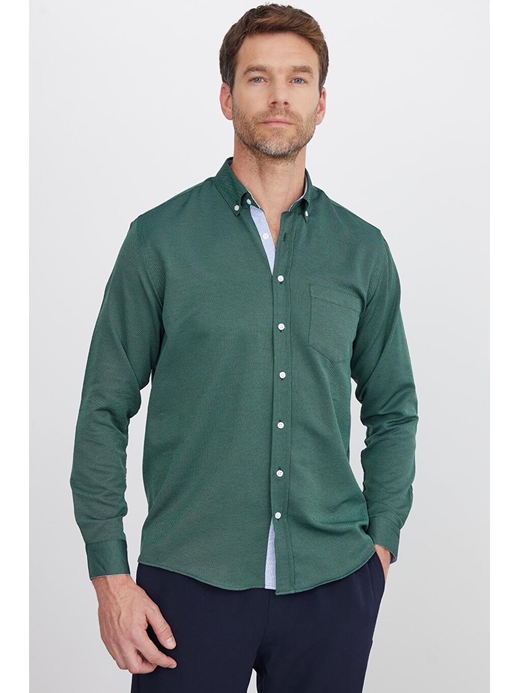 Haki Klasik Fit Uzun Kollu Düğmeli Yaka Pamuklu Kolay Ütü Oxford Düz Erkek Gömlek-6