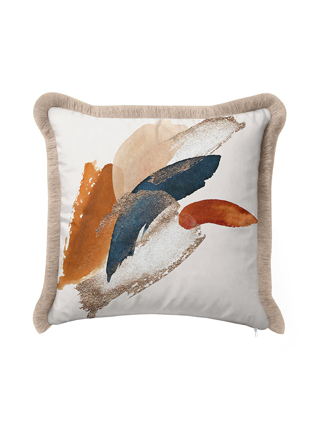 Karışık Modern Sanatsal Saçaklı Yastık Kılıfı - Soyut Bohem Gri Altın Renkli Püsküllü Kırlent Kılıfı-1