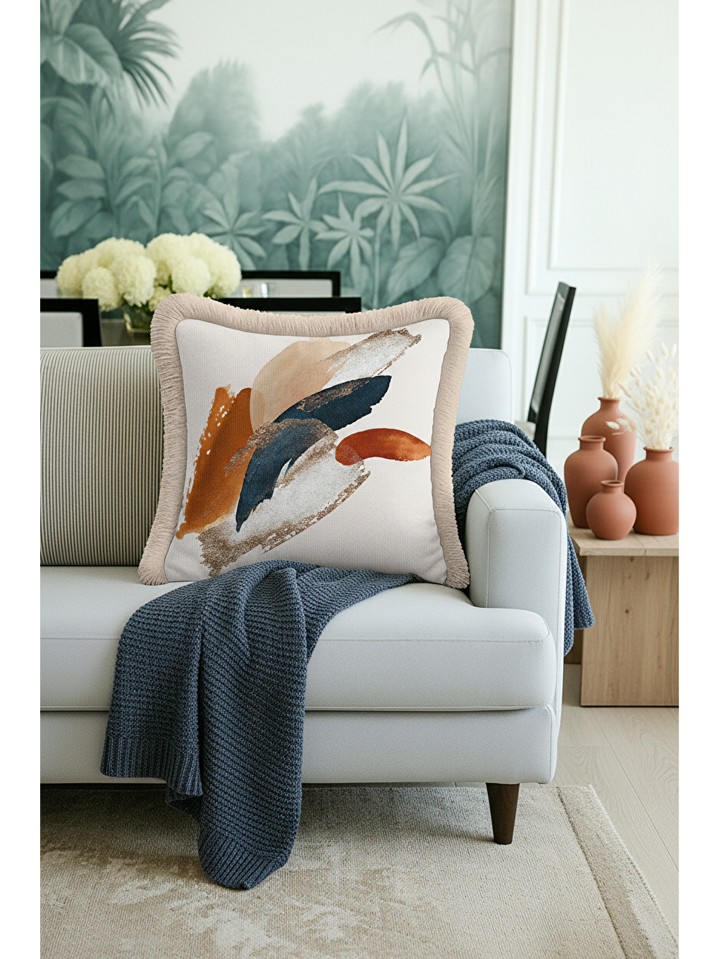 Karışık Modern Sanatsal Saçaklı Yastık Kılıfı - Soyut Bohem Gri Altın Renkli Püsküllü Kırlent Kılıfı-2