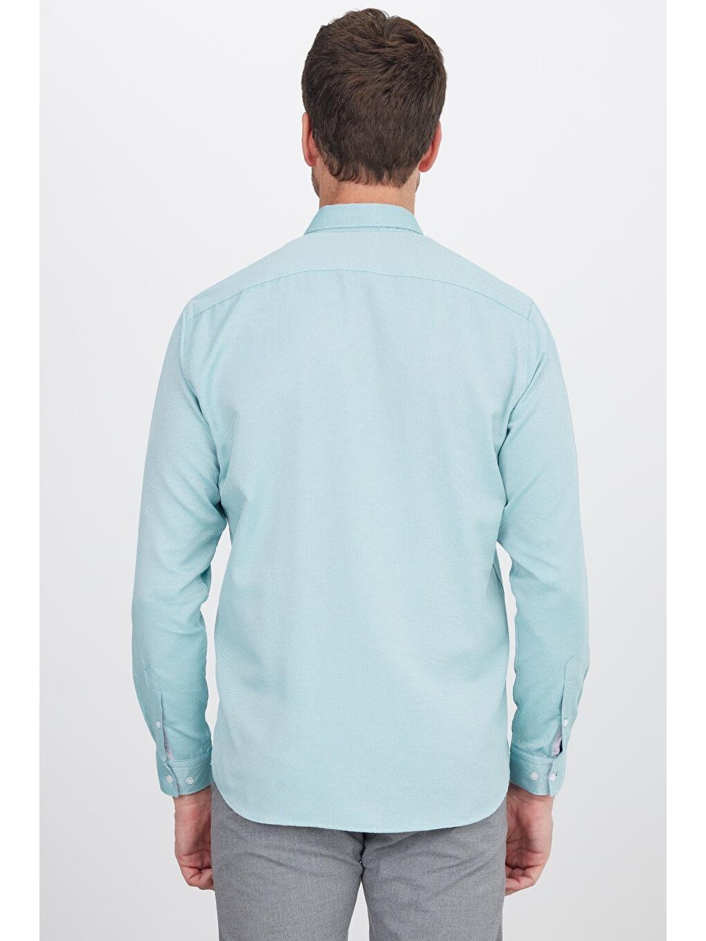 Yeşil Klasik Fit Uzun Kollu Düğmeli Yaka Pamuklu Kolay Ütü Oxford Düz Erkek Gömlek-6