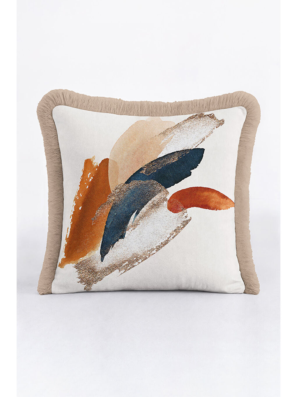 Karışık Modern Sanatsal Saçaklı Yastık Kılıfı - Soyut Bohem Gri Altın Renkli Püsküllü Kırlent Kılıfı-3