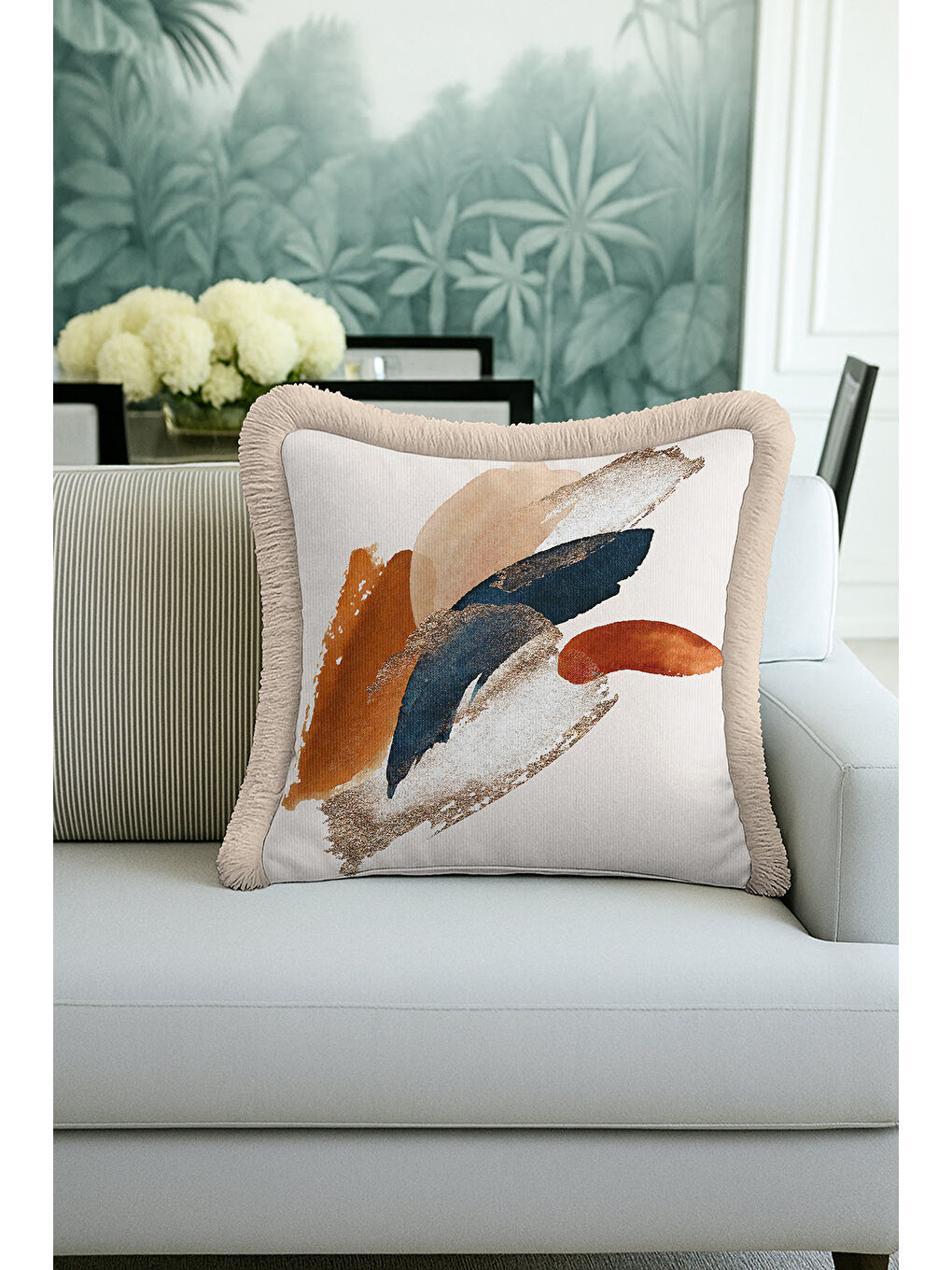 Karışık Modern Sanatsal Saçaklı Yastık Kılıfı - Soyut Bohem Gri Altın Renkli Püsküllü Kırlent Kılıfı-4