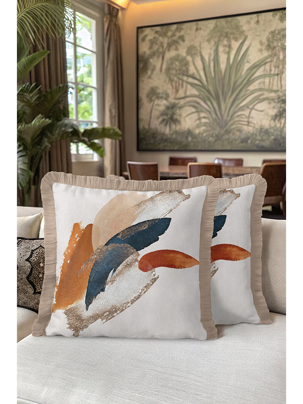 Karışık Modern Sanatsal Saçaklı Yastık Kılıfı - Soyut Bohem Gri Altın Renkli Püsküllü Kırlent Kılıfı-5