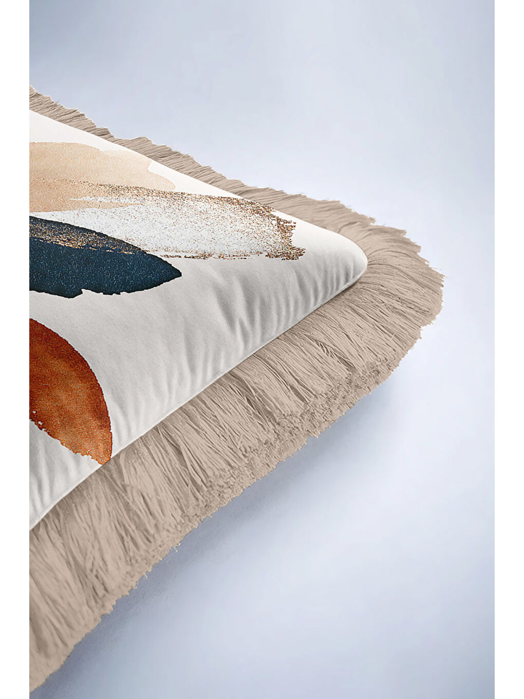 Karışık Modern Sanatsal Saçaklı Yastık Kılıfı - Soyut Bohem Gri Altın Renkli Püsküllü Kırlent Kılıfı-6