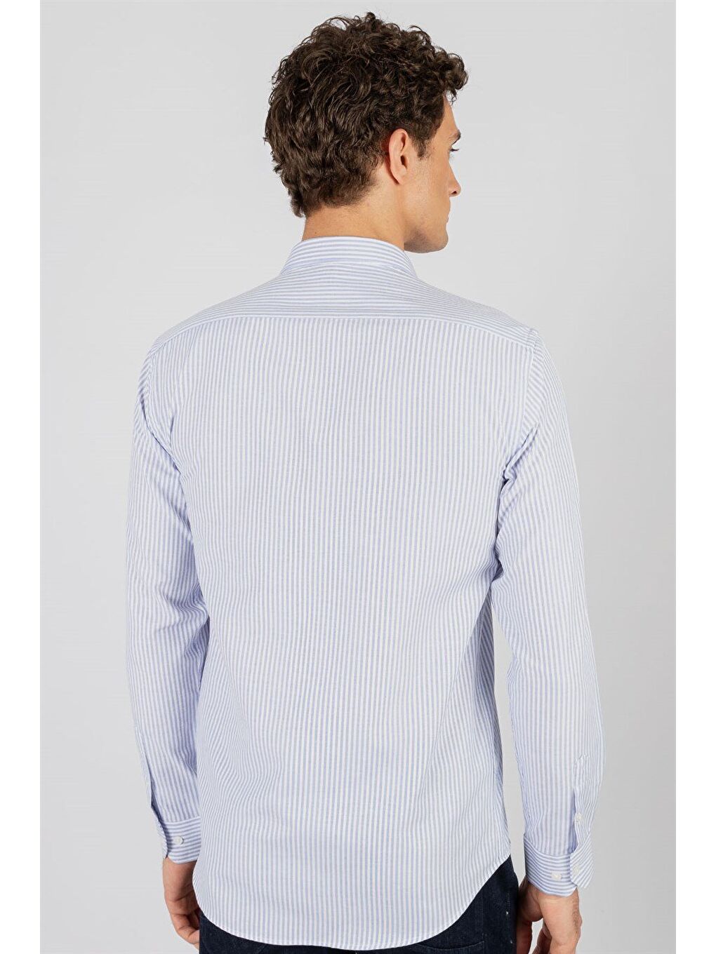 Modern Slim Fit Uzun Kollu Pamuklu Kolay Ütü Armürlü Erkek Mavi Gömlek-3