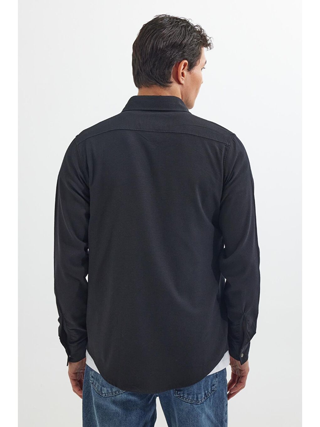 Slim Fit Uzun Kollu Spor Yaka Yıkamalı Çift Cepli Armürlü Denim Jean Siyah Erkek Gömlek-6
