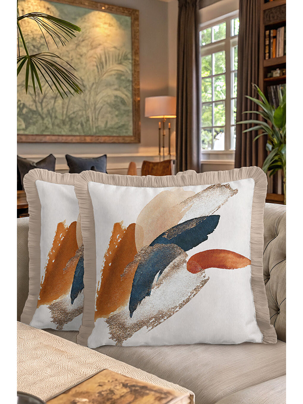 Karışık Modern Sanatsal Saçaklı Yastık Kılıfı - Soyut Bohem Gri Altın Renkli Püsküllü Kırlent Kılıfı-7