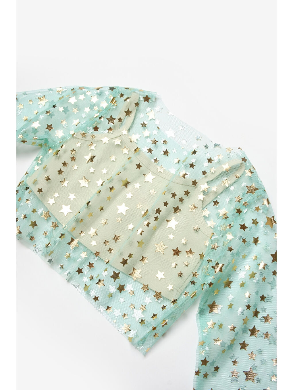 Yeşil Mint Uzun Kollu Yıldızlı Kız Çocuk Tül Crop-2