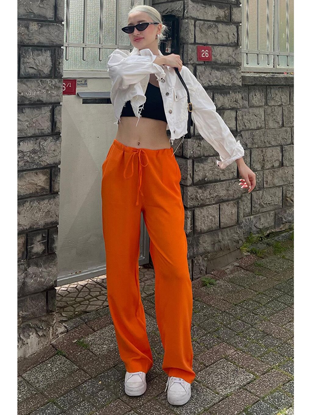 Turuncu Krinkıl Kumaş Basic Kadın Plaj Pantolon Mg1778-1