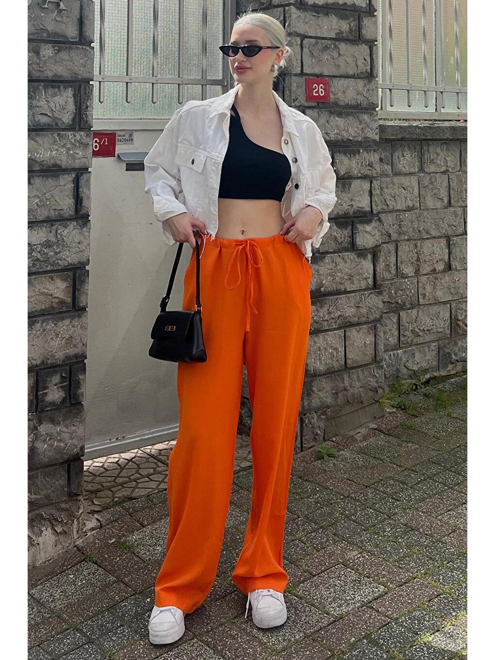 Turuncu Krinkıl Kumaş Basic Kadın Plaj Pantolon Mg1778-2