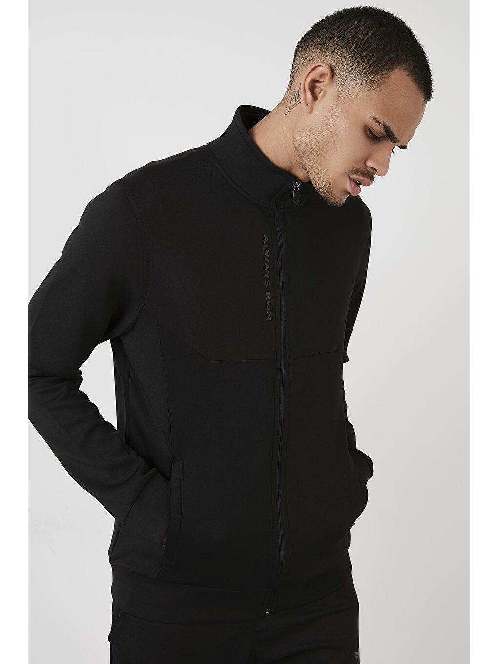 Siyah Pamuklu Dik Yaka Cepli  Erkek Fermuarlı Sweatshirt Hırka 5652150