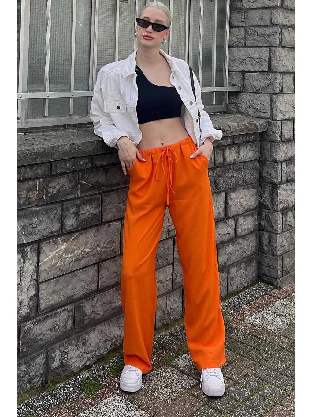 Turuncu Krinkıl Kumaş Basic Kadın Plaj Pantolon Mg1778-3