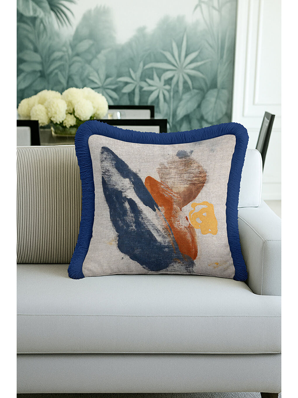 Karışık Soyut Lüks Saçaklı Yastık Kılıfı - Modern Mavi Turuncu Altın Renkli Püsküllü Kırlent Kılıfı-2